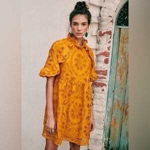 Sézane Nicole Dress Saffron Embroidered Eyelet Fall Cottagecore Size 38 (US 6)
